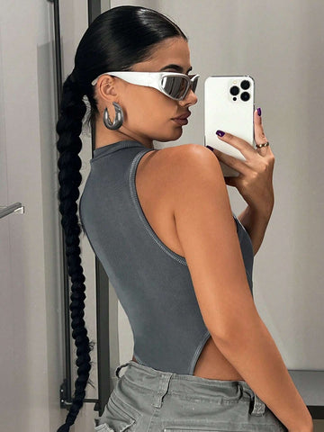 Letter Patched Detail Mock Neck High Cut Tank Bodysuit