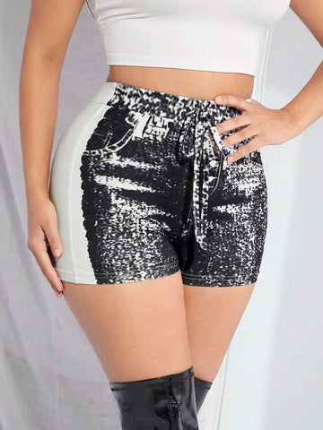 SXY Denim-Effect Print Knot Front Shorts