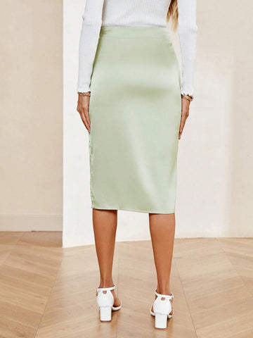 Twist Front Split Thigh Satin Skirt