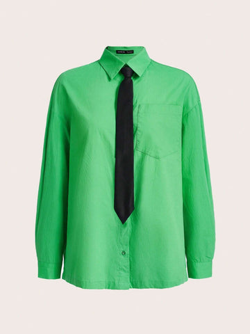 Drop Shoulder Pocket Patched Shirt With Necktie