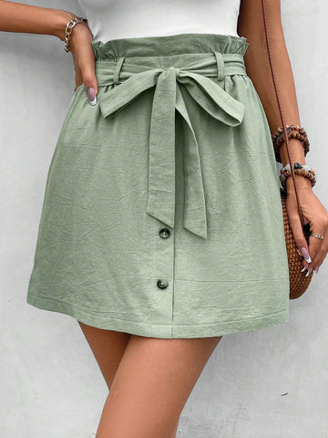 Frenchy Paperbag Waist Button Front Belted Skirt