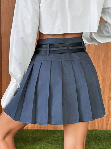 Solid Belted Pleated Skirt