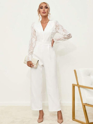 Contrast Lace Puff Sleeve Wide Leg Jumpsuit