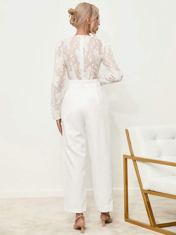 Contrast Lace Puff Sleeve Wide Leg Jumpsuit