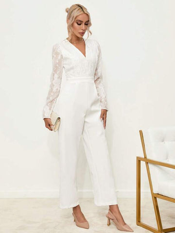 Contrast Lace Puff Sleeve Wide Leg Jumpsuit