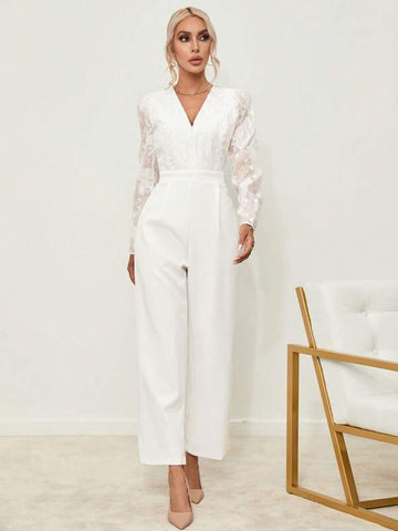 Contrast Lace Puff Sleeve Wide Leg Jumpsuit