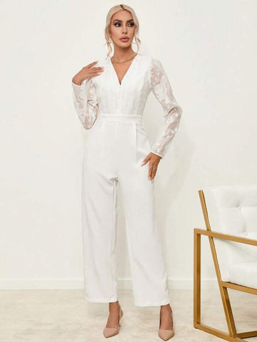 Contrast Lace Puff Sleeve Wide Leg Jumpsuit