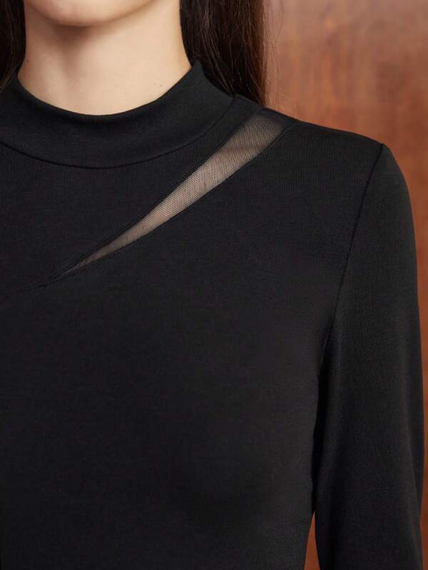 Mock Neck Mesh Insert Tee