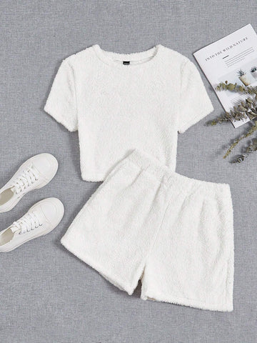 Solid Fuzzy Crop Tee & Shorts