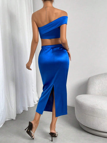 One Shoulder Satin Crop Top & Skirt