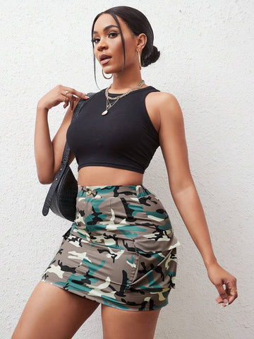 Camo Print Flap Pocket Side Cargo Skirt