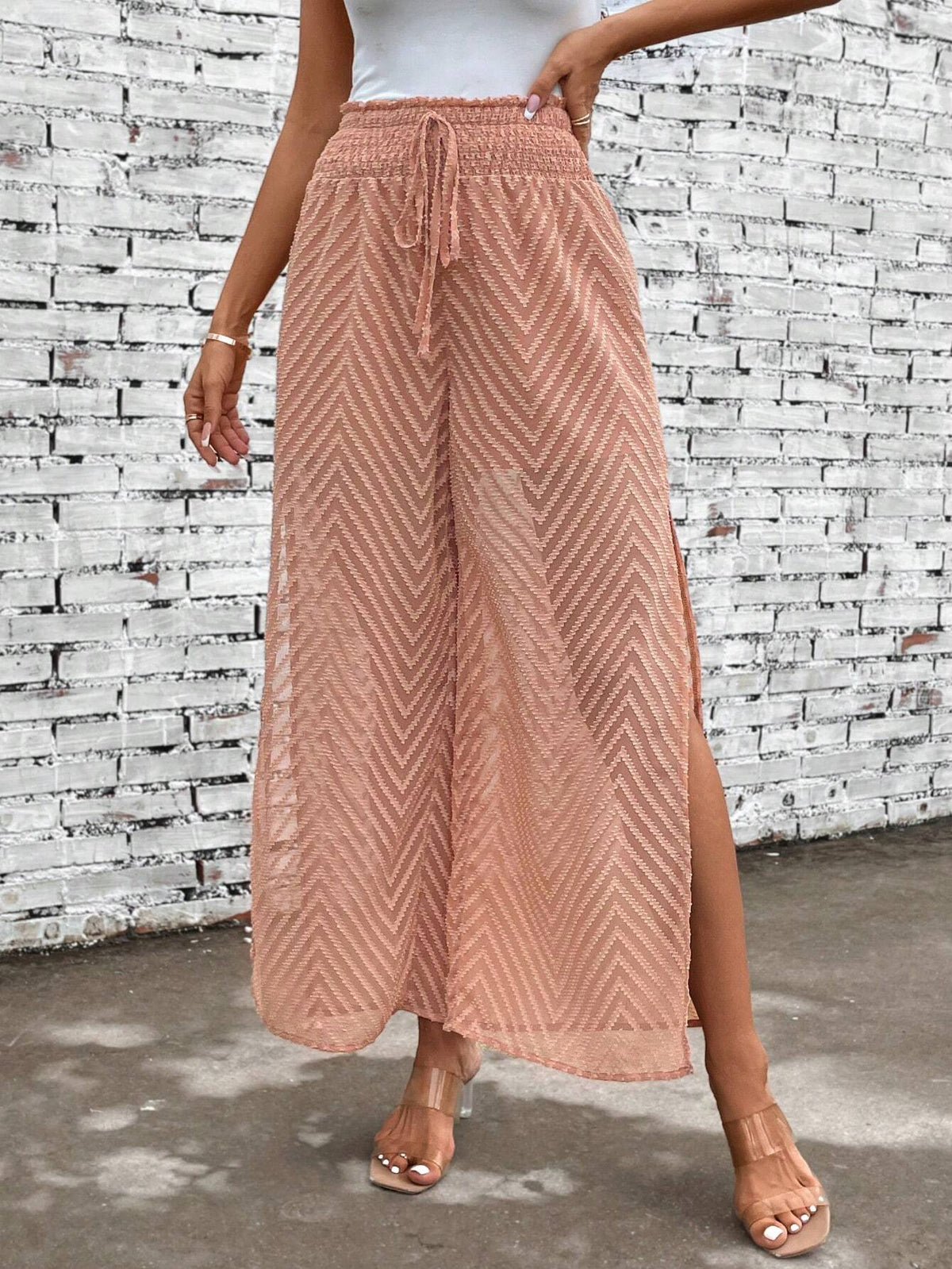 Solid Split Thigh Knot Front Wide Leg Pants