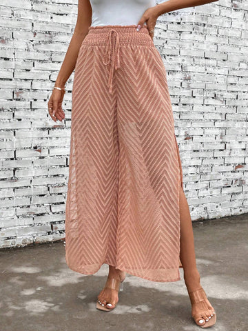 Solid Split Thigh Knot Front Wide Leg Pants