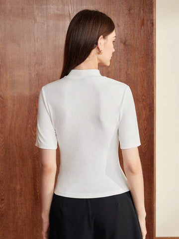 Solid Mock Neck Ribbed Knit Tee