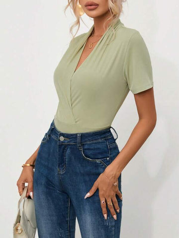 Solid Surplice Neck Bodysuit