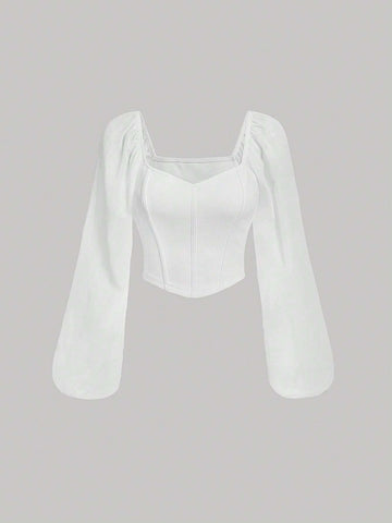 Sweetheart Neck Lantern Sleeve Crop Blouse