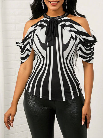 Striped Cold Shoulder Ruched Tee