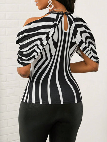 Striped Cold Shoulder Ruched Tee