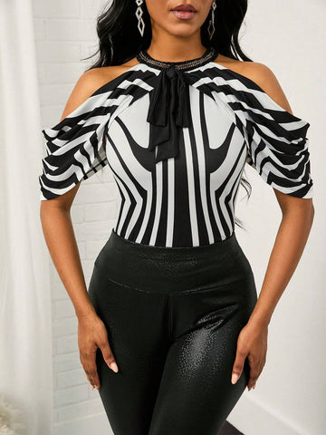 Striped Cold Shoulder Ruched Tee