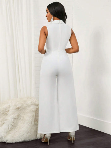 Lapel Neck Belted Wide Leg Jumpsuit