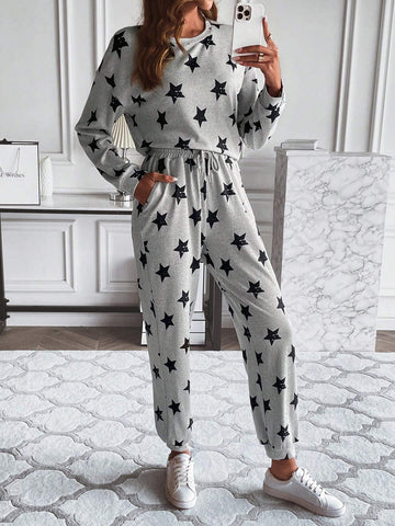 Star Print Drop Shoulder Sweatshirt & Sweatpants
