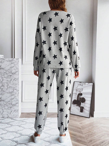 Star Print Drop Shoulder Sweatshirt & Sweatpants