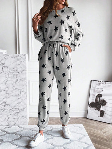 Star Print Drop Shoulder Sweatshirt & Sweatpants
