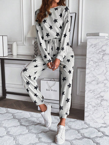 Star Print Drop Shoulder Sweatshirt & Sweatpants