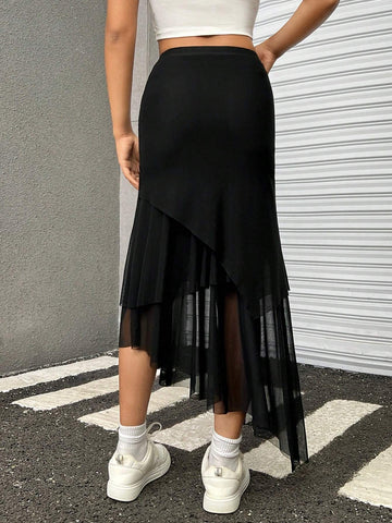 EZwear Contrast Mesh Asymmetrical Hem Skirt