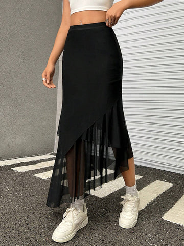 EZwear Contrast Mesh Asymmetrical Hem Skirt
