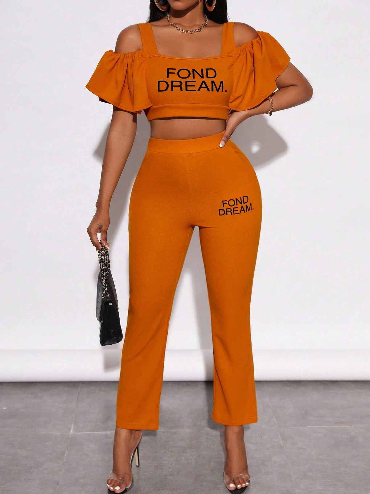 Letter Graphic Cold Shoulder Crop Top & Pants