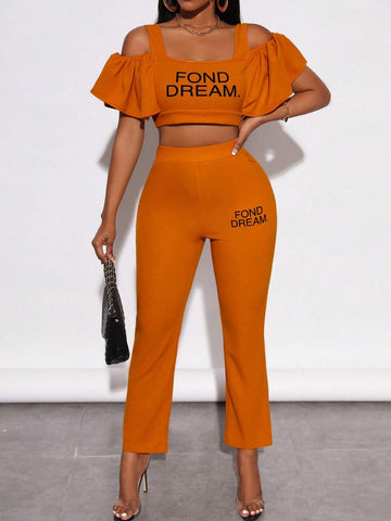 Letter Graphic Cold Shoulder Crop Top & Pants