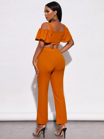 Letter Graphic Cold Shoulder Crop Top & Pants