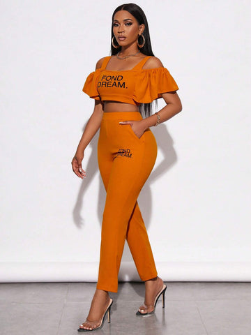 Letter Graphic Cold Shoulder Crop Top & Pants