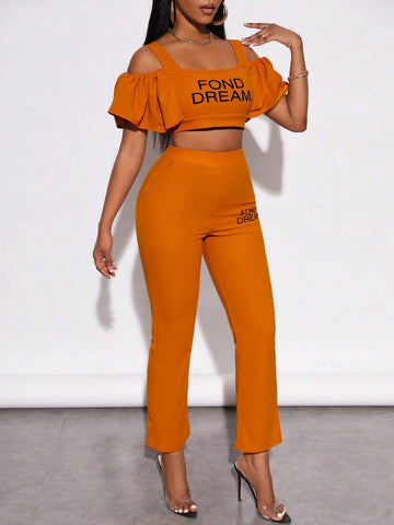 Letter Graphic Cold Shoulder Crop Top & Pants