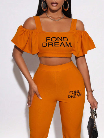 Letter Graphic Cold Shoulder Crop Top & Pants