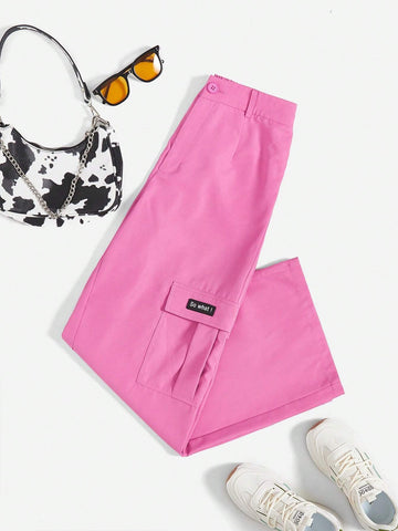 EZwear Letter Patched Detail Flap Pocket Cargo Pants