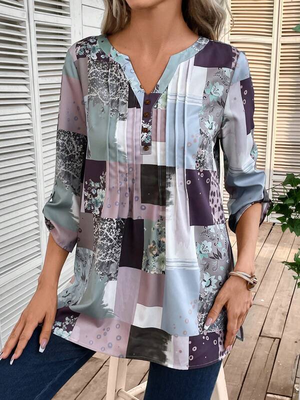 Patchwork Print Roll Tab Sleeve Blouse