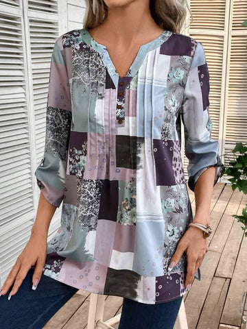 Patchwork Print Roll Tab Sleeve Blouse