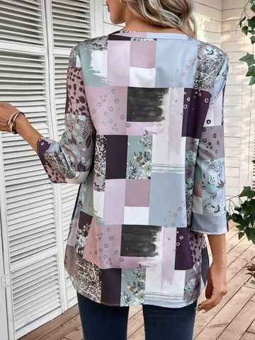 Patchwork Print Roll Tab Sleeve Blouse