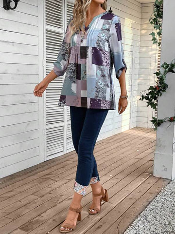 Patchwork Print Roll Tab Sleeve Blouse