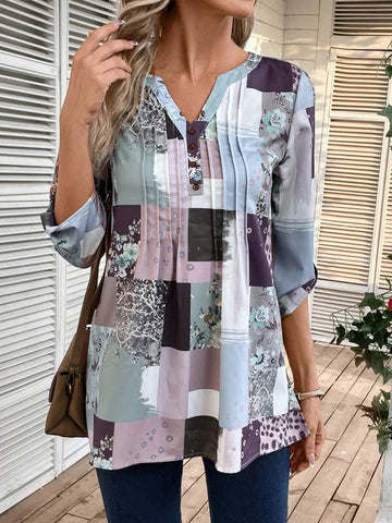 Patchwork Print Roll Tab Sleeve Blouse
