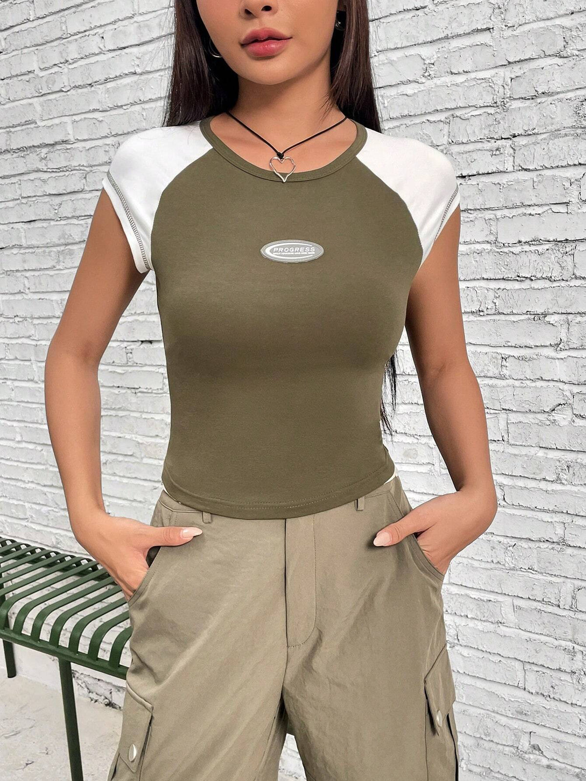 Letter Patched Detail Raglan Sleeve Tee