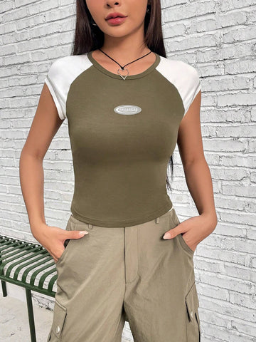 Letter Patched Detail Raglan Sleeve Tee