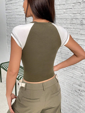 Letter Patched Detail Raglan Sleeve Tee