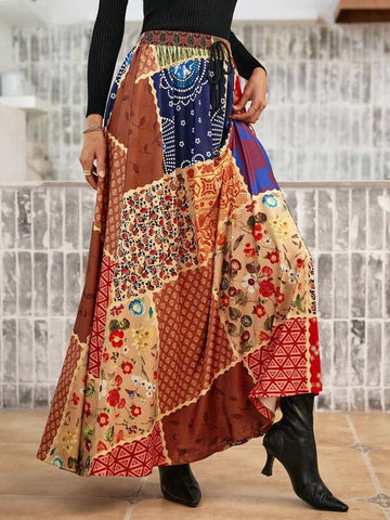 Patchwork Print Knot Front Skirt