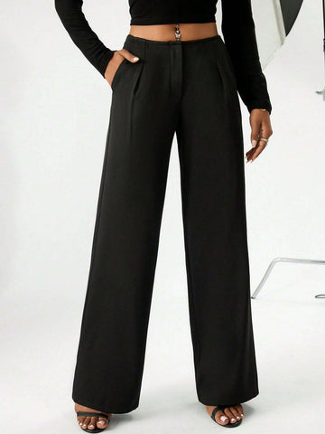 Solid Slant Pocket Wide Leg Pants