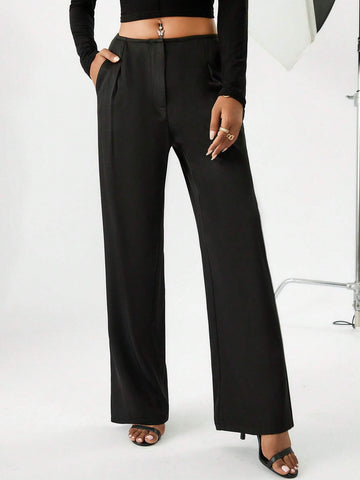 Solid Slant Pocket Wide Leg Pants