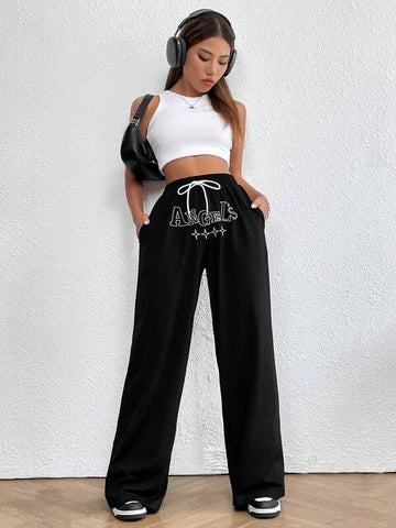 Letter Graphic Drawstring Waist Slant Pocket Pants