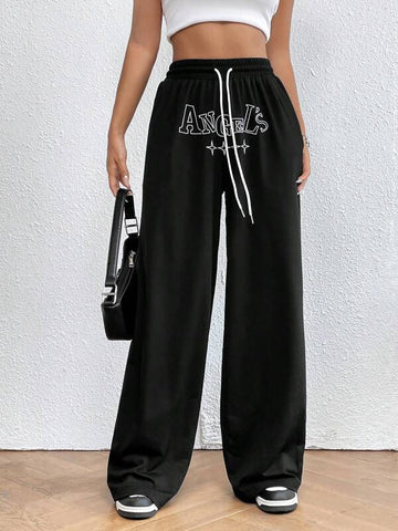 Letter Graphic Drawstring Waist Slant Pocket Pants